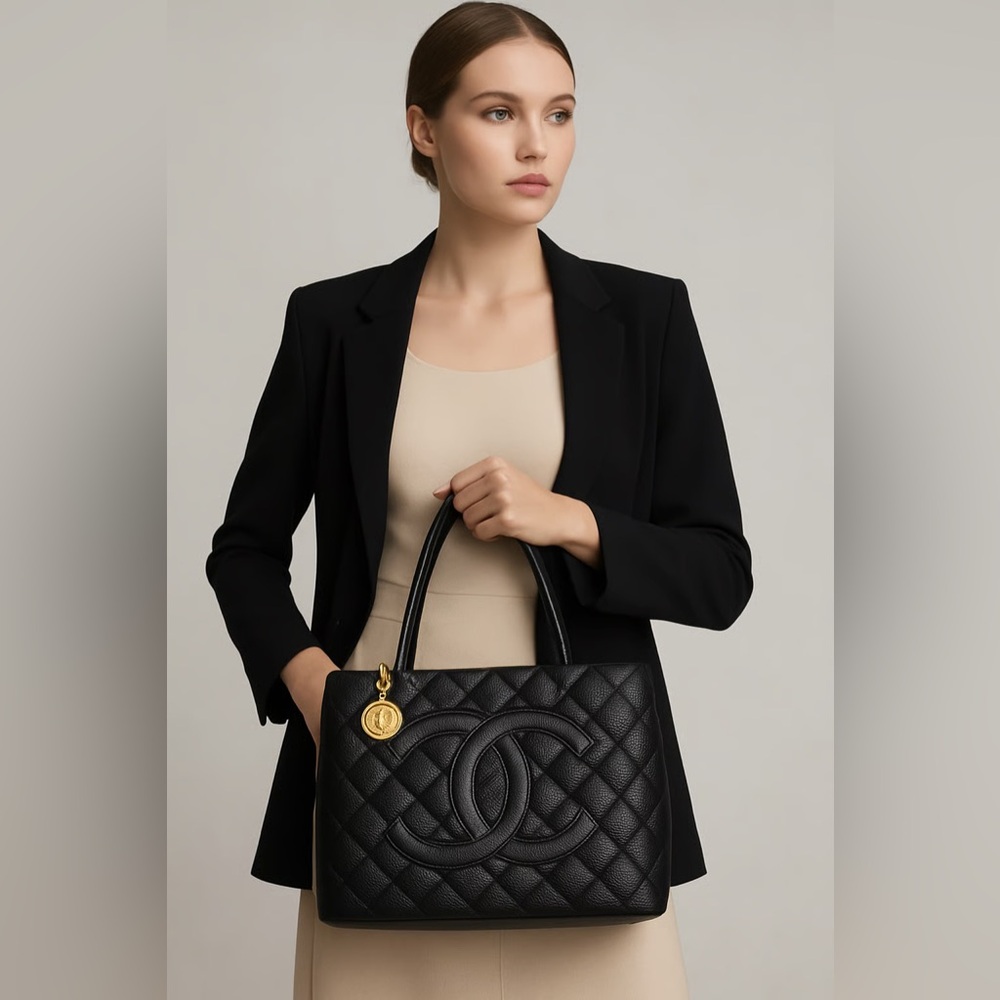 19-25 Preloved Chanel CC Black Quilted Caviar Medallion Tote Bag